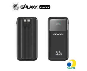 POWER BANK AWEI P106K 22,5W COM 2 CABOS INTEGRADOS 10000MAH PRETO